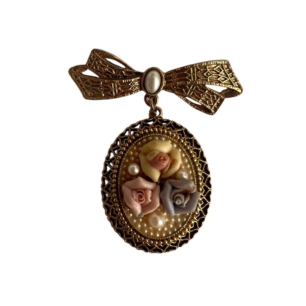 Vintage Victorian Revival Floral Brooch with Bow